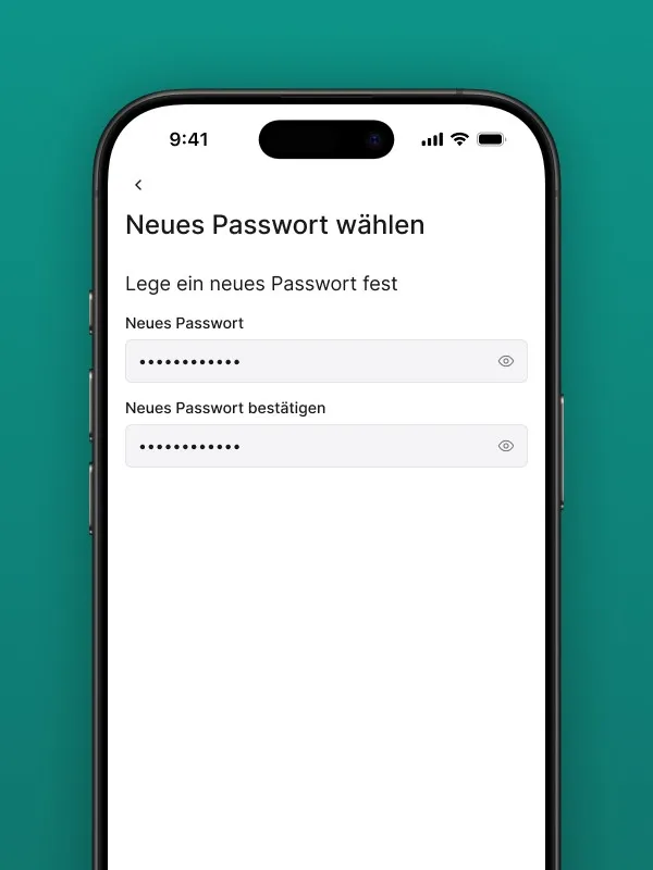 Screenshot des "Neues Passwort wählen" Bildschirms in der Safina AI App. Zeigt Eingabefelder für "Neues Passwort" und "Neues Passwort bestätigen", jeweils mit verdeckter Eingabe (Punkte) und einem Auge-Symbol zum Einblenden. Illustriert den Prozess zum Ändern des Passworts für das Safina AI Benutzerkonto.
