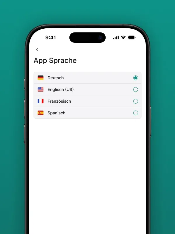 Screenshot of the "App Language" selection in the Safina AI app. Shows options for German (selected), English (US), French, and Spanish, each with country flags. Illustrates the multilingual capability and customizability of the Safina AI phone assistant interface.