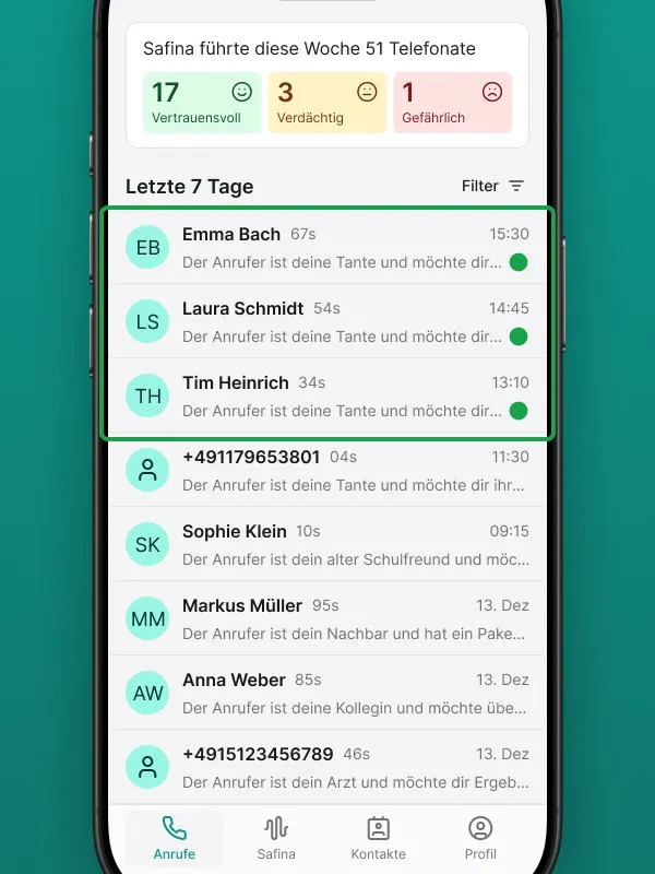 Screenshot de la vue d'ensemble des appels dans l'application Safina AI, avec la statistique « Safina a mené 51 appels cette semaine » (17 de confiance, 3 suspects, 1 dangereux). La partie supérieure de la liste d'appels des 7 derniers jours est mise en évidence en vert et montre les appels de contacts comme Emma Bach, Laura Schmidt et Tim Heinrich, incluant la durée et l'heure de l'appel. Illustre l'historique détaillé des appels et l'analyse des risques par le standard téléphonique IA Safina AI.