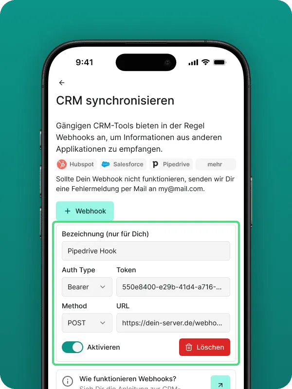 Screenshot of the "Sync CRM" page in the Safina AI app, with an open form for configuring a webhook. Fields for label ("Pipedrive Hook"), Auth Type (Bearer), Token, Method (POST), and URL are visible, along with an enable/disable toggle and delete button. Logos of popular CRM tools like HubSpot, Salesforce, and Pipedrive are shown at the top. Visualizes the detailed setup of webhook-based CRM integration for Safina AI.