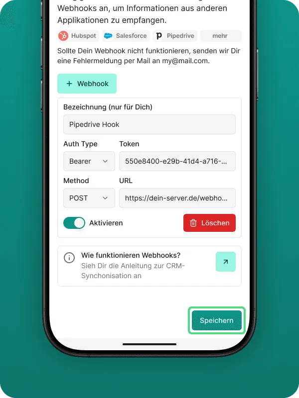 Screenshot of the "Sync CRM" page in the Safina AI app, showing the complete webhook configuration with label ("Pipedrive Hook"), Auth Type, Token, Method, and URL. At the bottom, an enabled toggle, delete button, a link to the webhook guide, and the "Save" button are visible. Demonstrates the final configuration of CRM integration in Safina AI.