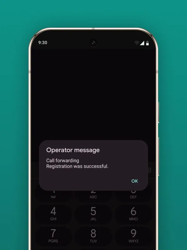 Screenshot eines Android-Smartphones mit einer Wähltastatur im Hintergrund und einem Pop-up-Fenster mit der Meldung "Operator message: Call forwarding Registration was successful." und einem "OK"-Button. Dies visualisiert die erfolgreiche Einrichtung der Anrufweiterleitung für die Safina AI Telefonzentrale.