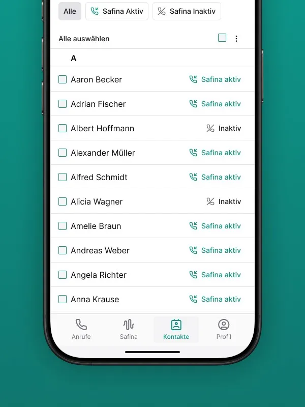 Screenshot der Kontaktliste in der Safina AI App unter dem Reiter "Kontakte". Zeigt eine alphabetische Liste von Kontakten (z.B. Aaron Becker, Adrian Fischer, Albert Hoffmann), neben denen der Status "Safina aktiv" oder "Inaktiv" für die Anrufweiterleitung durch die KI-Telefonzentrale Safina AI angezeigt wird. Demonstriert die Verwaltung der Safina AI Aktivierung für einzelne Kontakte.