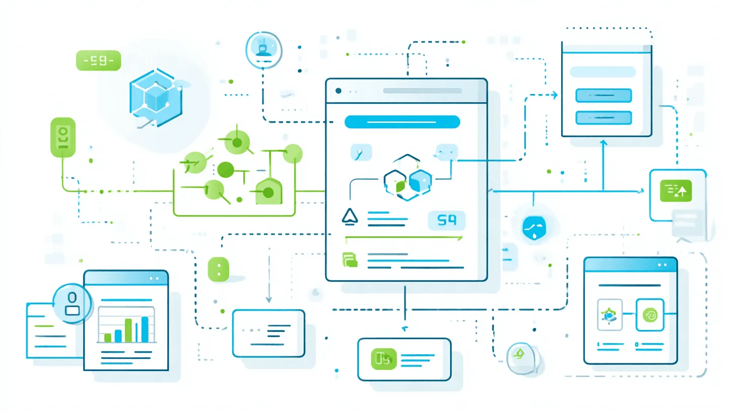 Minimalistische Vektorgrafik eines Schlosses mit Datenströmen, das CRM-Integrationen und Datenaustausch symbolisiert.