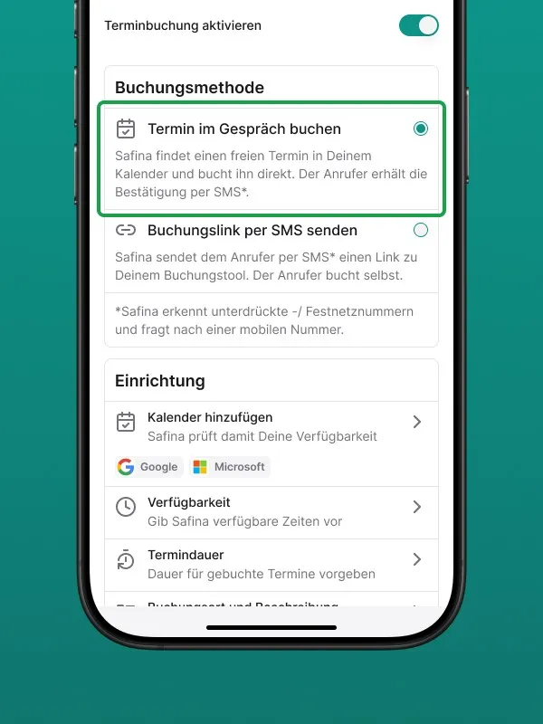 Konfigurationsseite für die Terminbuchung in der Safina AI App. Die Buchungsmethode 'Termin im Gespräch buchen' ist ausgewählt, um eine direkte Kalenderintegration zu nutzen. Darunter sind die Einrichtungsoptionen für Kalender, Verfügbarkeit und Termindauer sichtbar.