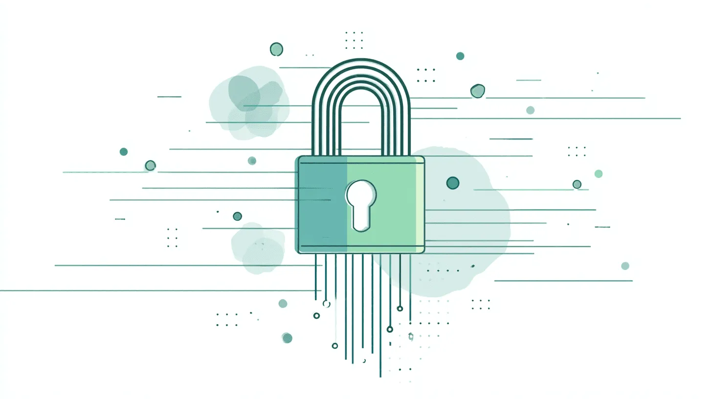 Minimalist vector graphic of a padlock with data lines, symbolizing data privacy and security controls.