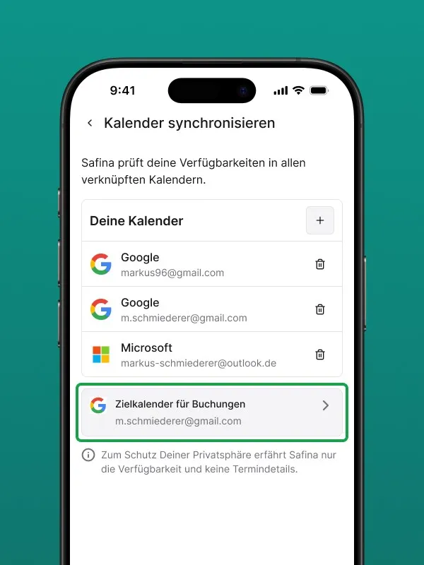 Einstellungsbildschirm für die 'Verfügbarkeit' in der Safina AI App. Hier kann der Nutzer die Wochentage und genauen Uhrzeiten festlegen, innerhalb derer die KI-Assistenz automatisch freie Termine im Kalender suchen und buchen darf.