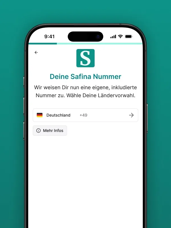 Screenshot der Safina AI App zur Zuweisung der eigenen Safina Nummer. Zeigt die Auswahl der Ländervorwahl, hier "Deutschland +49", und bietet weitere Informationen. Dies ist ein Schritt im Onboarding-Prozess zur Einrichtung der persönlichen Safina AI Telefonzentrale.