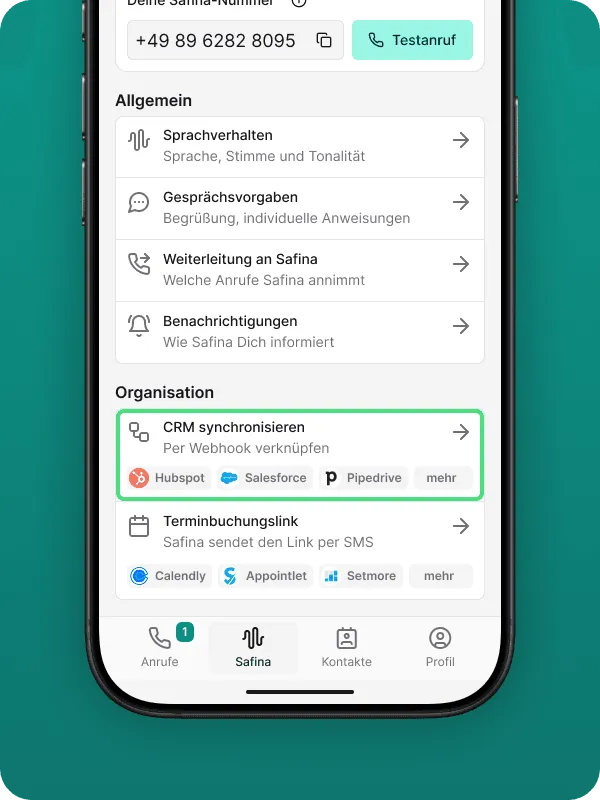 Screenshot of the Safina AI app settings. The "Organization" section is highlighted, with options for "Sync CRM" (incl. HubSpot, Salesforce, Pipedrive) and "Booking Link" (incl. Calendly, Appointlet, Setmore). Above are general settings like voice behavior, conversation guidelines, forwarding to Safina, and notifications. Shows the comprehensive integration options of the Safina AI phone assistant.