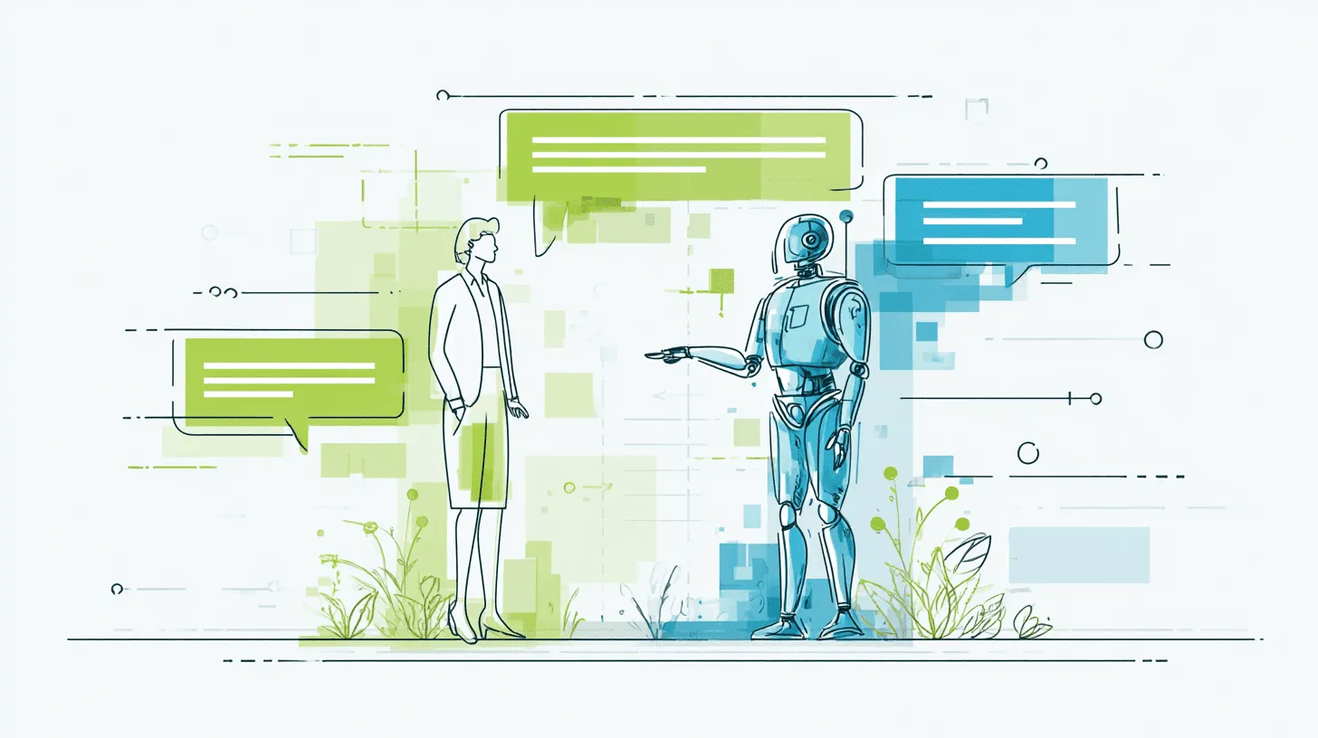 Minimalistische Vektorgrafik, die ein Gespräch zwischen einem Menschen und einem Chatbot illustriert, wobei der KI-Aspekt betont wird.