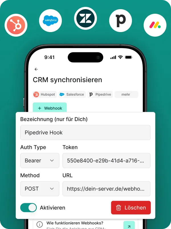 Screenshot der "CRM synchronisieren"-Seite in der Safina AI App, mit einem geöffneten Pop-up zur Webhook-Konfiguration. Es werden Felder für Bezeichnung (z.B. "Pipedrive Hook"), Auth Type (Bearer), Token und URL (https://dein-server.de/webhook) angezeigt. Obere Icons zeigen unterstützte CRM-Systeme wie Hubspot, Salesforce, Zapier und Pipedrive. Demonstriert die flexible CRM-Integration der Safina AI Telefonzentrale via Webhook.
