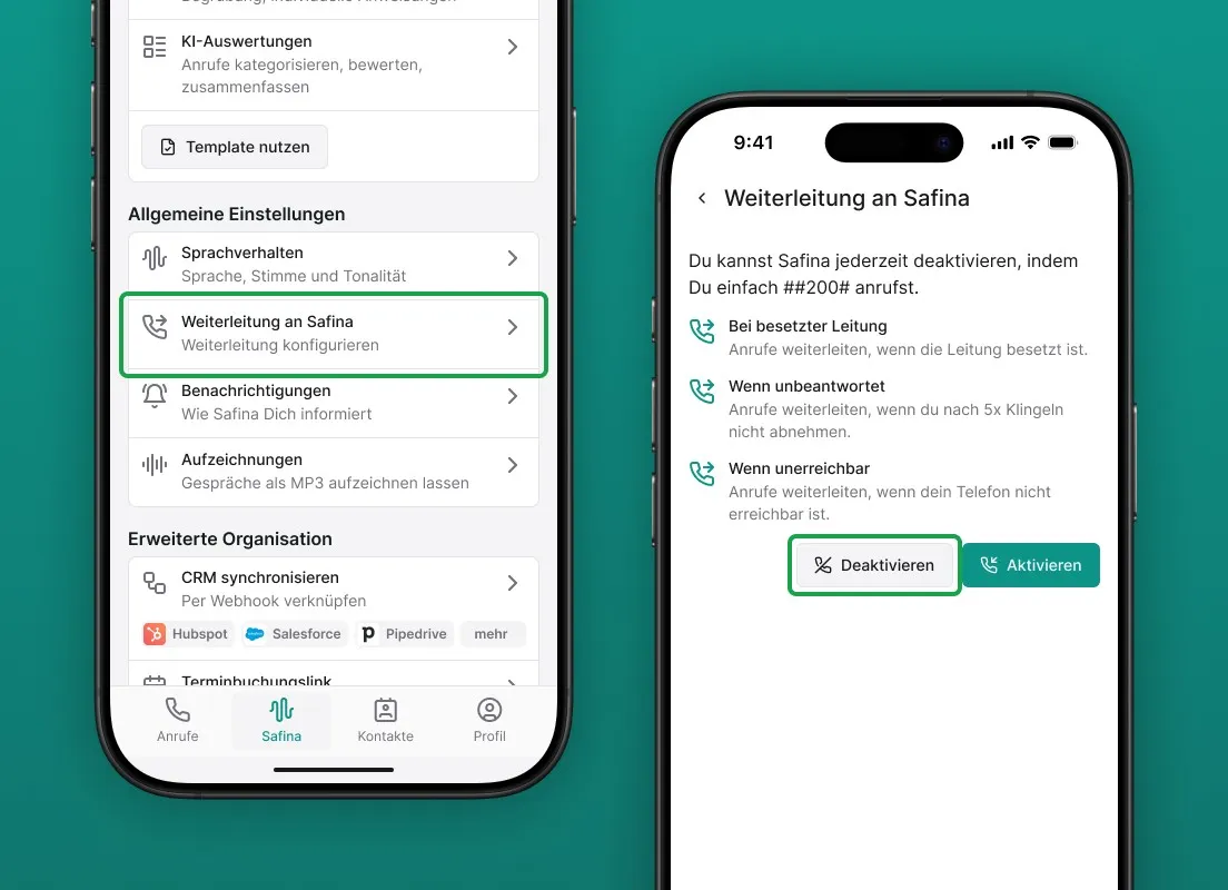 Zwei Screenshots der Safina AI App nebeneinander. Links sind die allgemeinen Einstellungen zu sehen, wobei die Option "Weiterleitung an Safina" (Weiterleitung konfigurieren) grün hervorgehoben ist. Rechts wird die "Weiterleitung an Safina" Konfigurationsseite angezeigt, mit Optionen zur Anrufweiterleitung "Bei besetzter Leitung", "Wenn unbeantwortet" und "Wenn unerreichbar". Ein Button zum Deaktivieren/Aktivieren der Weiterleitung ist sichtbar. Visualisiert die einfache Einrichtung und Steuerung der Anrufweiterleitung zu Safina AI.