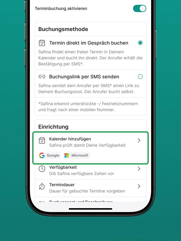 Der Bildschirm 'Kalender synchronisieren' in der Safina AI App. Da noch keine Kalender verbunden sind, wird ein Plus-Symbol angezeigt, um die Kalenderintegration für die automatische Terminbuchung zu starten. Ein Hinweis am unteren Rand informiert über den Schutz der Privatsphäre.